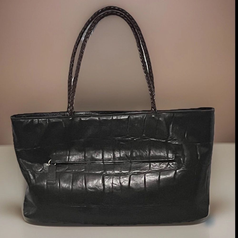 Falor Le Borse Purse Leather Brown Woven 10" Handles Made Italy 15x9.5 Vintage